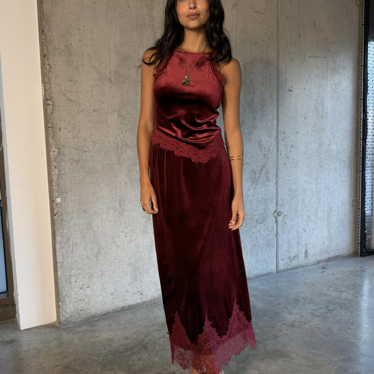 Never Fully Dressed Maeva skirt in burgundy velvet, lace trimmed midi hem