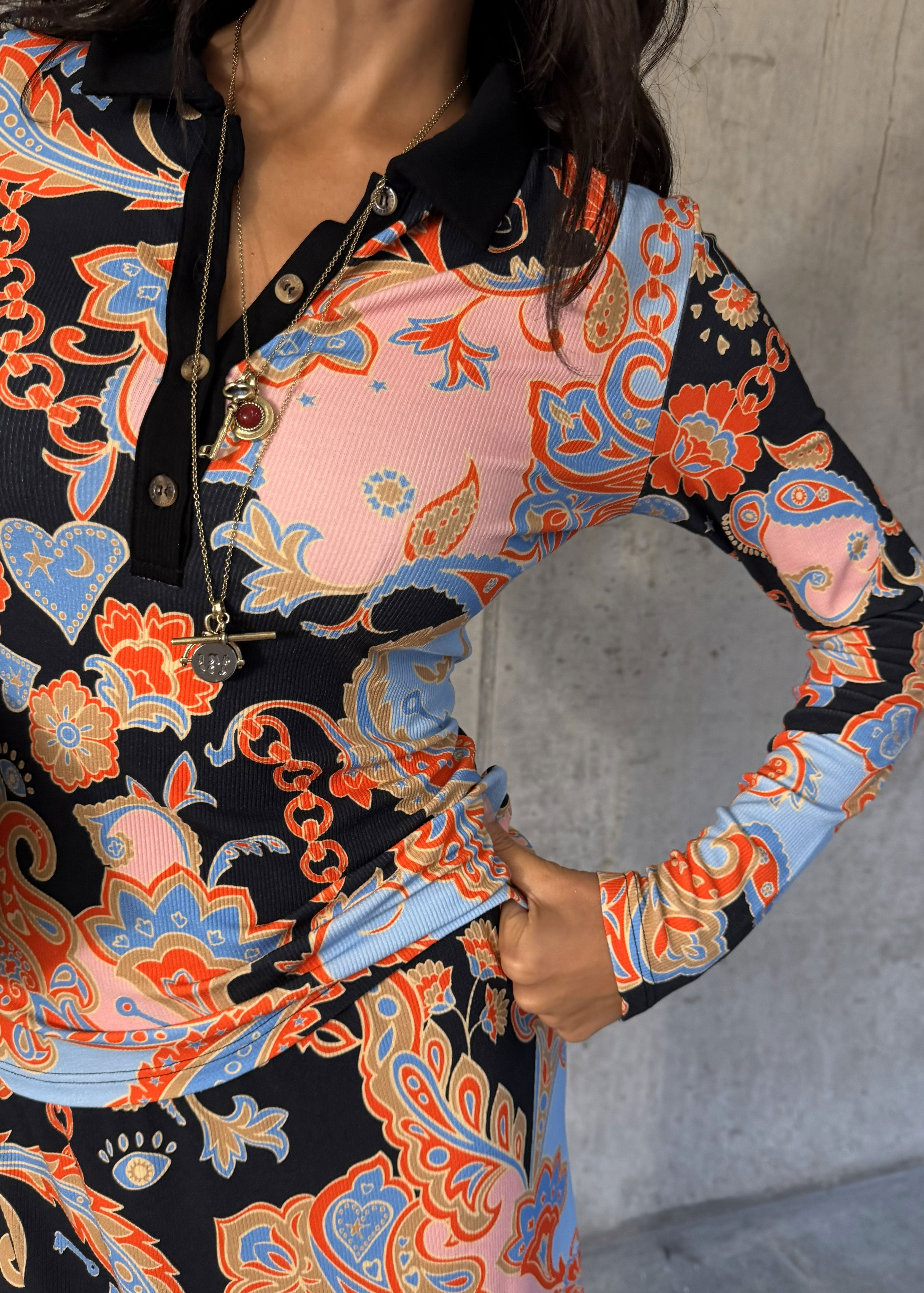 Never Fully Dressed Paisley Rib Long Sleeve Polo T-Shirt