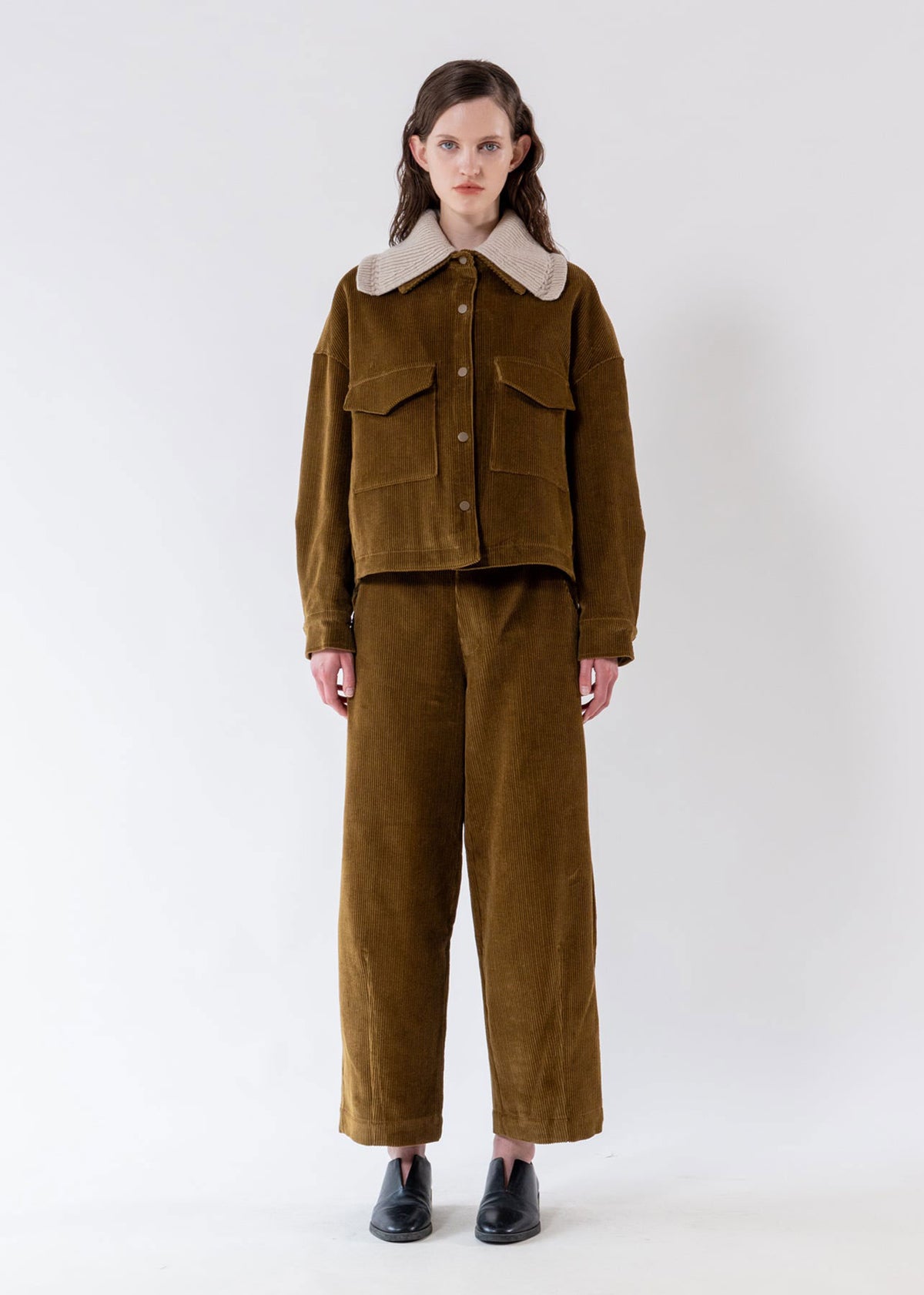Emin and Paul Olive Detachable Knit-Collar Corduroy Jacket