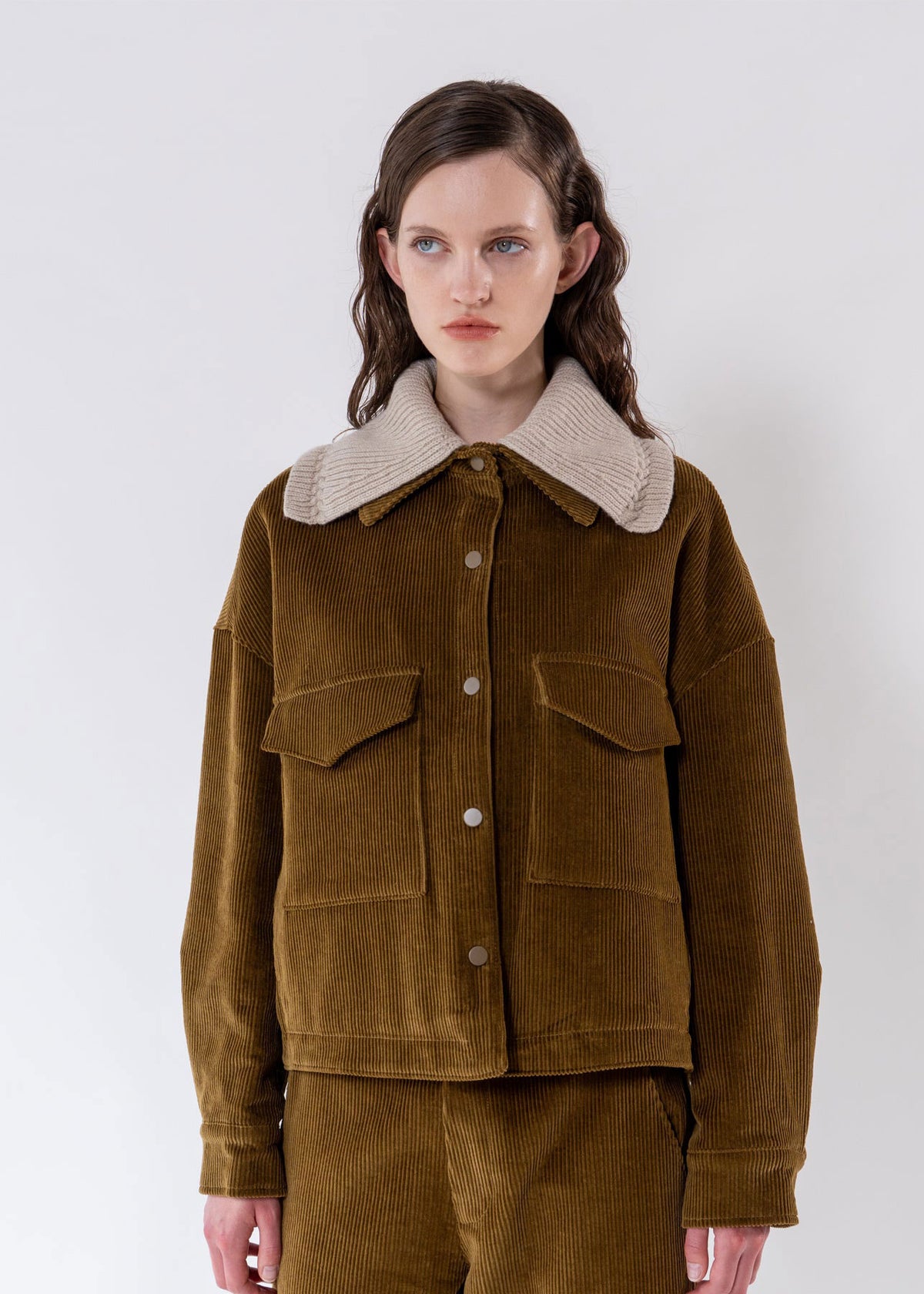 Emin and Paul Olive Detachable Knit-Collar Corduroy Jacket
