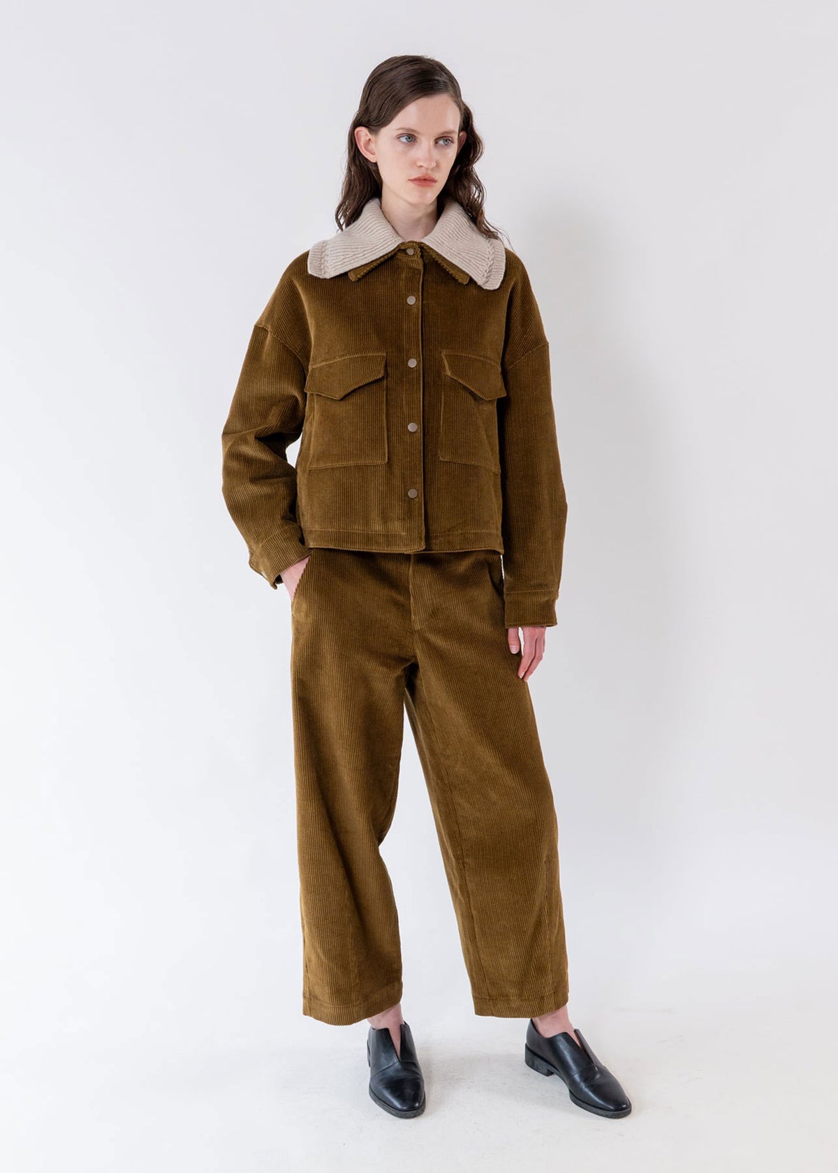 Emin and Paul Olive Structured Corduroy Trousers