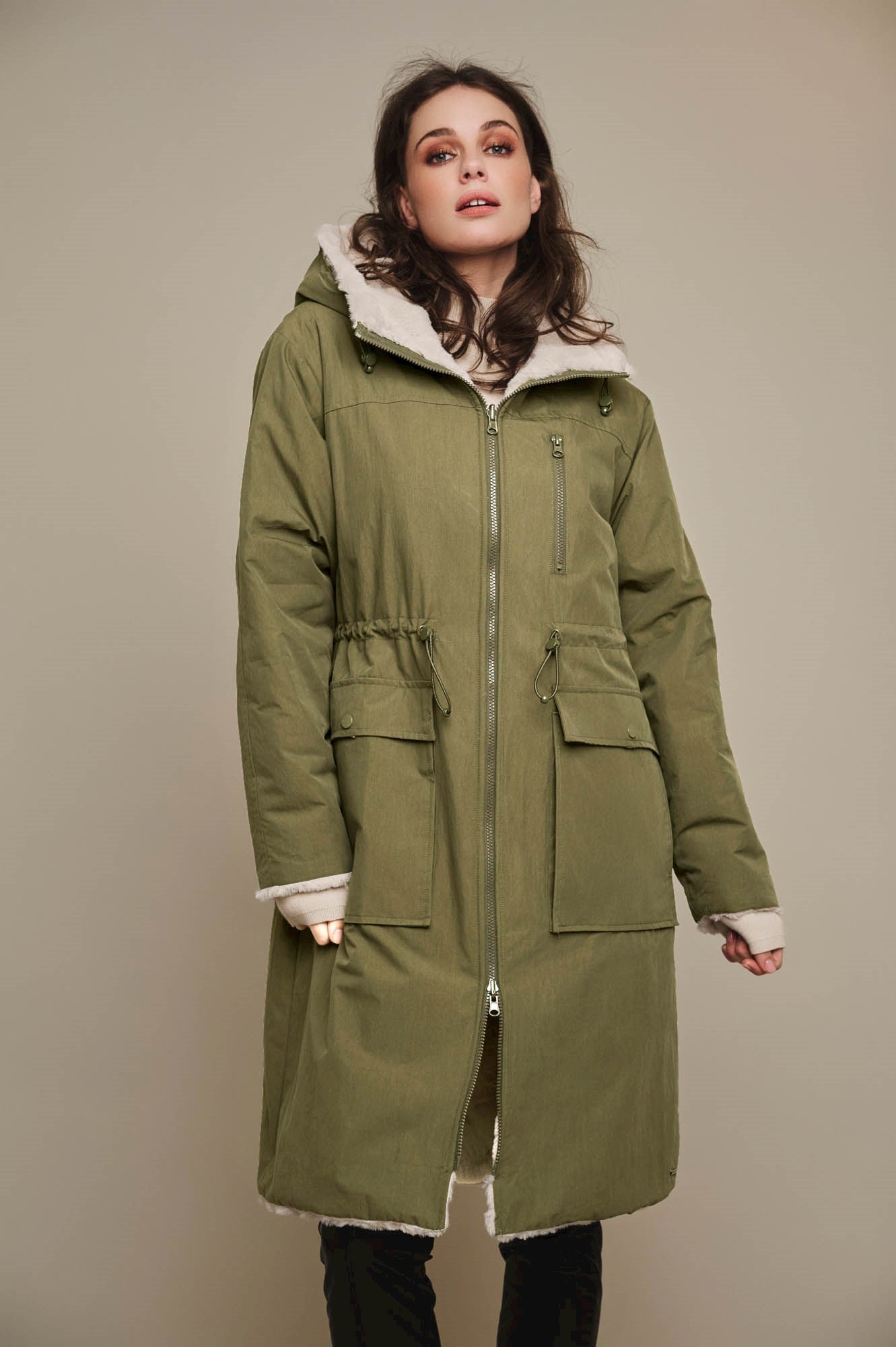 Rino & Pelle - Josien Reversible Long Hooded Coat - Dark Olive & Stone