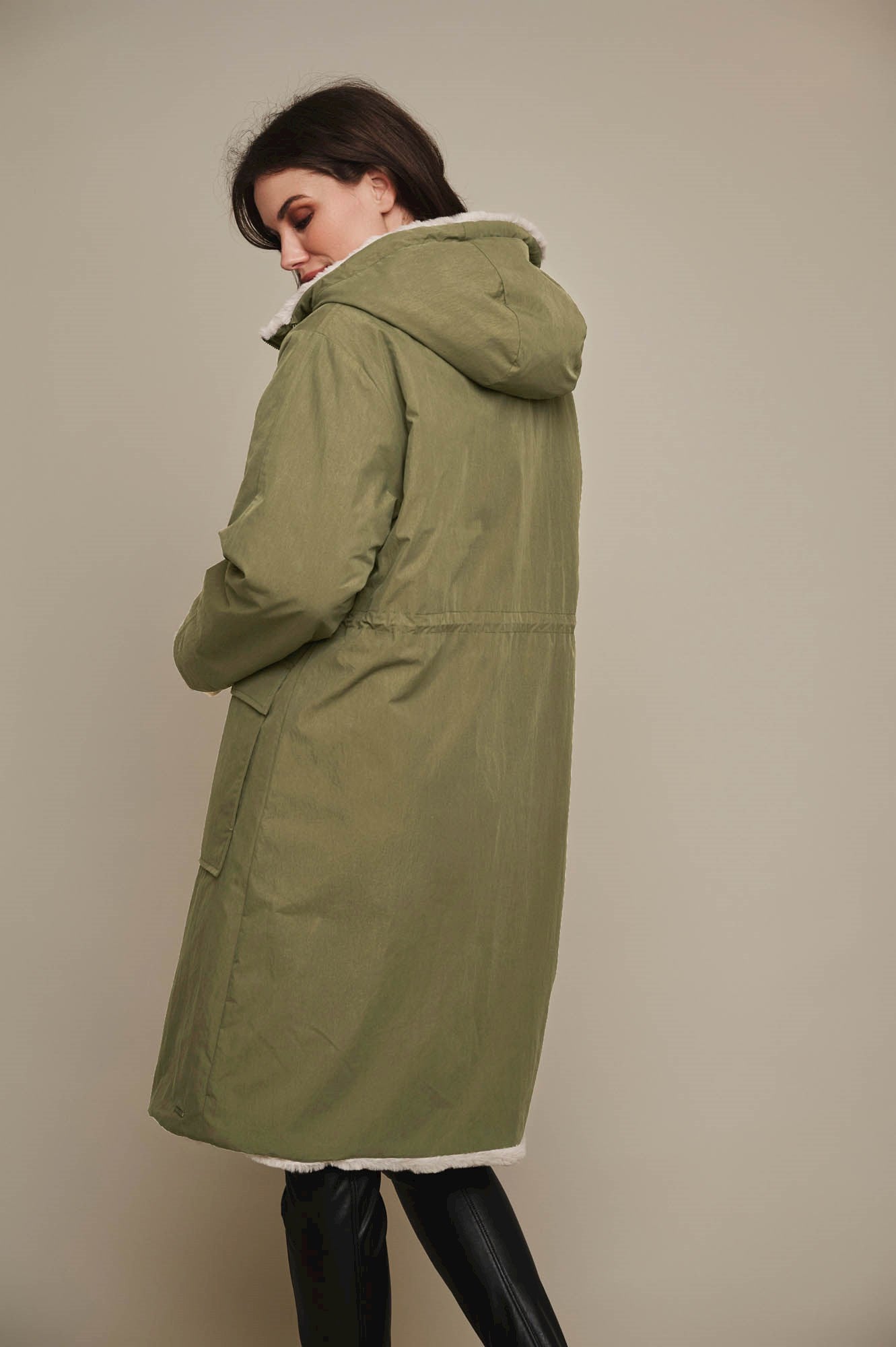 Rino & Pelle - Josien Reversible Long Hooded Coat - Dark Olive & Stone