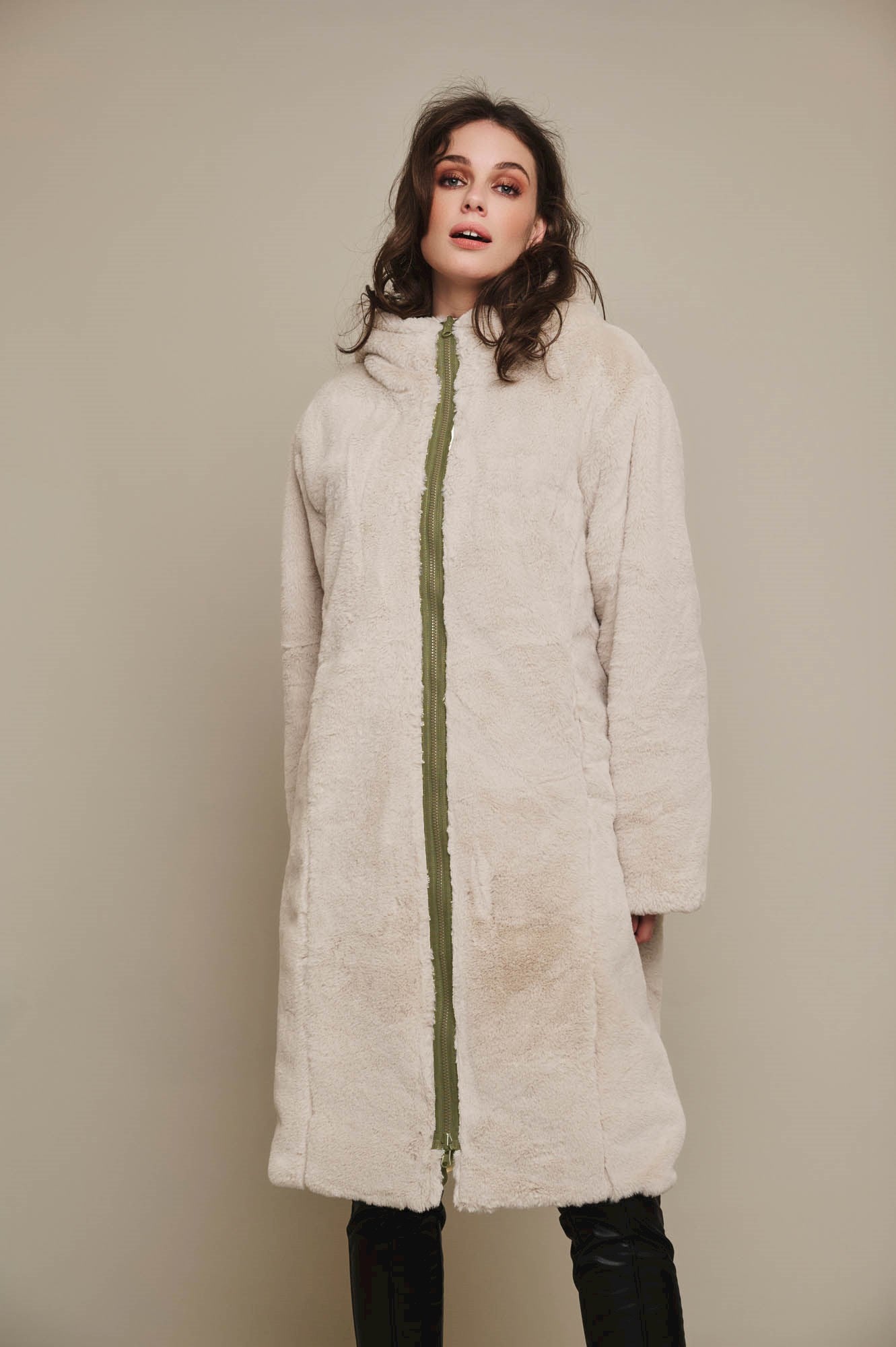 Rino & Pelle - Josien Reversible Long Hooded Coat - Dark Olive & Stone
