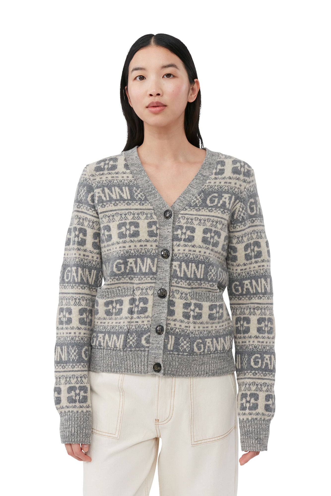 GANNI - Logo Wool Mix Cardigan Frost
