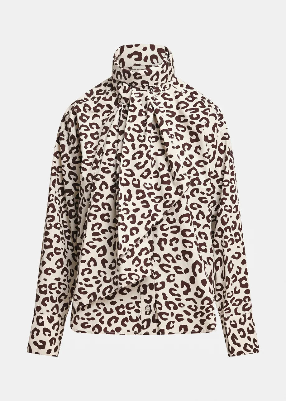 Essentiel Antwerp Khalessi Leopard Pussy-Bow Shirt - Brown