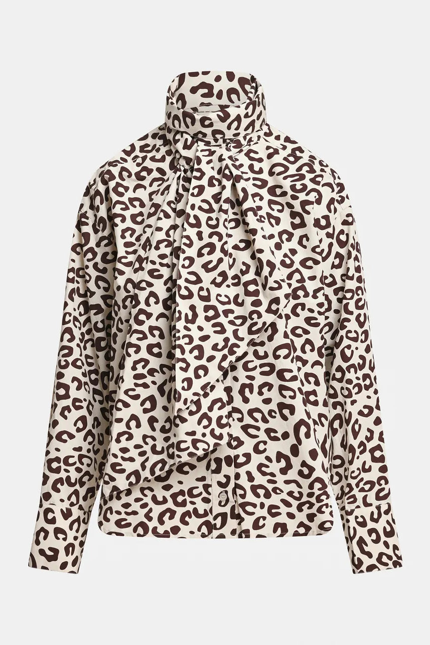 Essentiel Antwerp Khalessi Leopard Pussy-Bow Shirt - Brown
