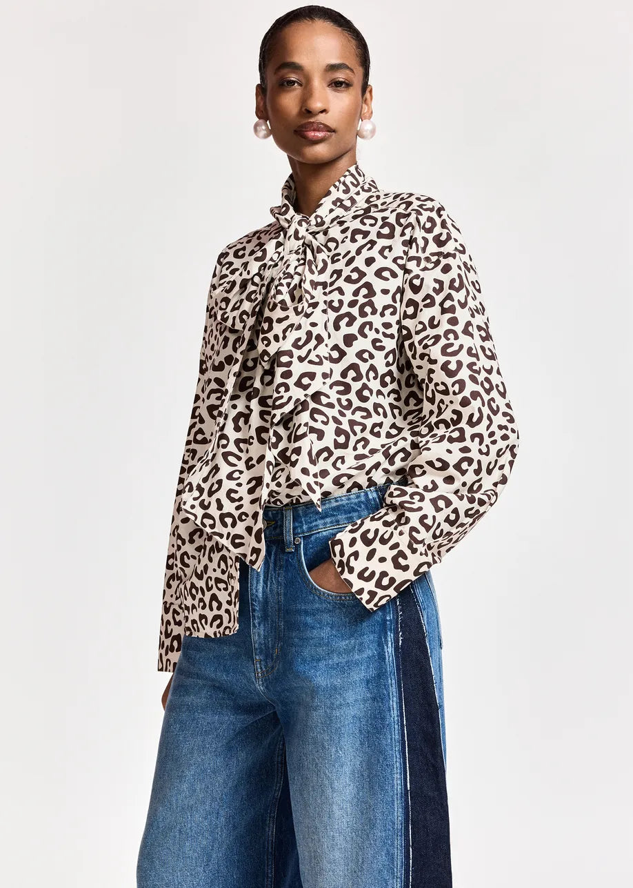 Essentiel Antwerp Khalessi Leopard Pussy-Bow Shirt - Brown