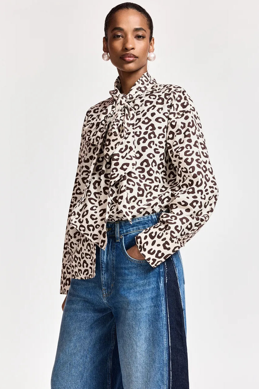 Essentiel Antwerp Khalessi Leopard Pussy-Bow Shirt - Brown