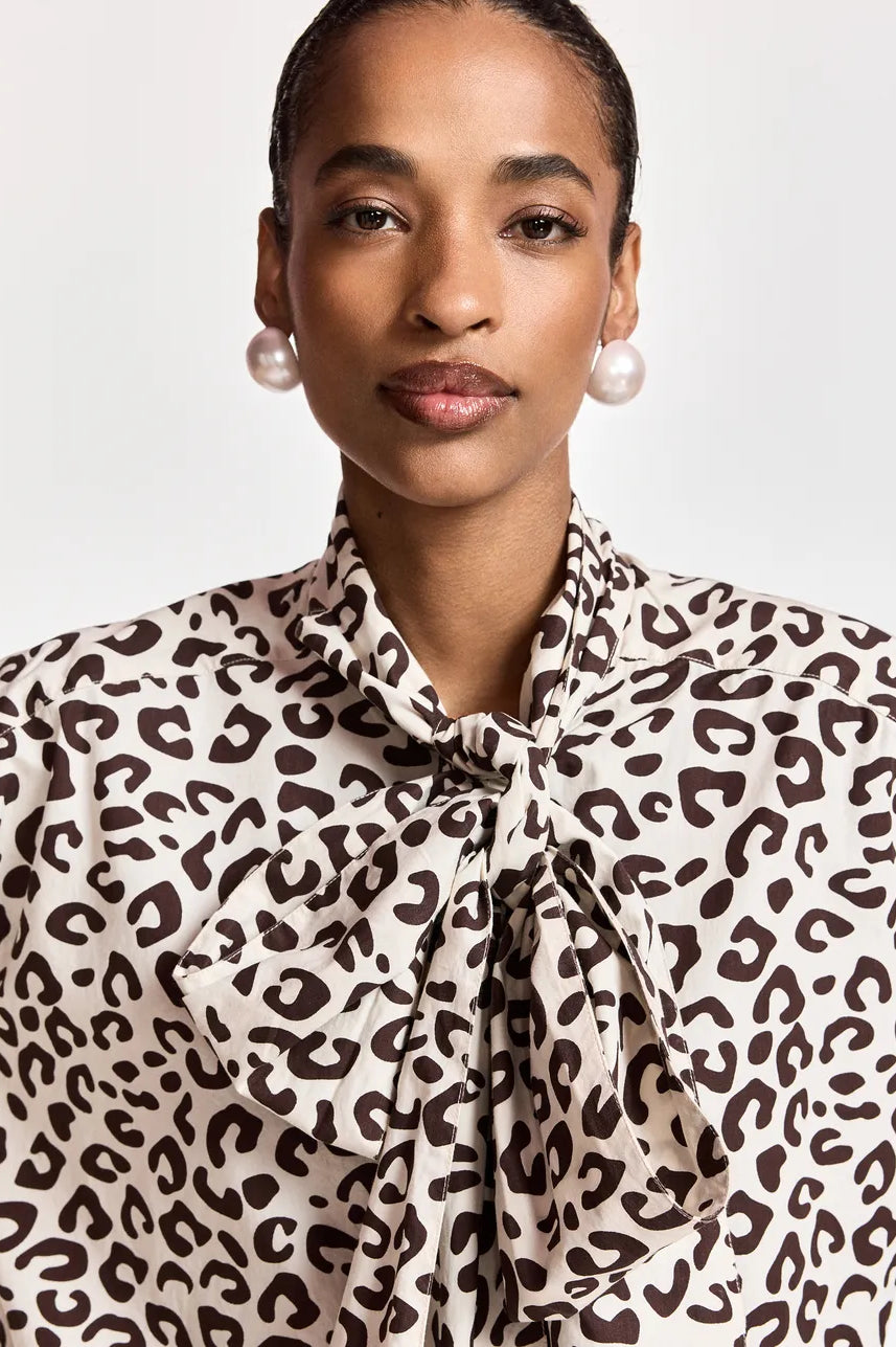 Essentiel Antwerp Khalessi Leopard Pussy-Bow Shirt - Brown