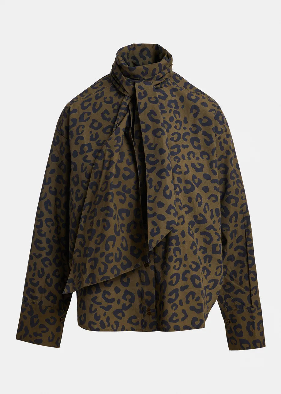 Essentiel Antwerp Khalessi Leopard Pussy-Bow Shirt - Khaki