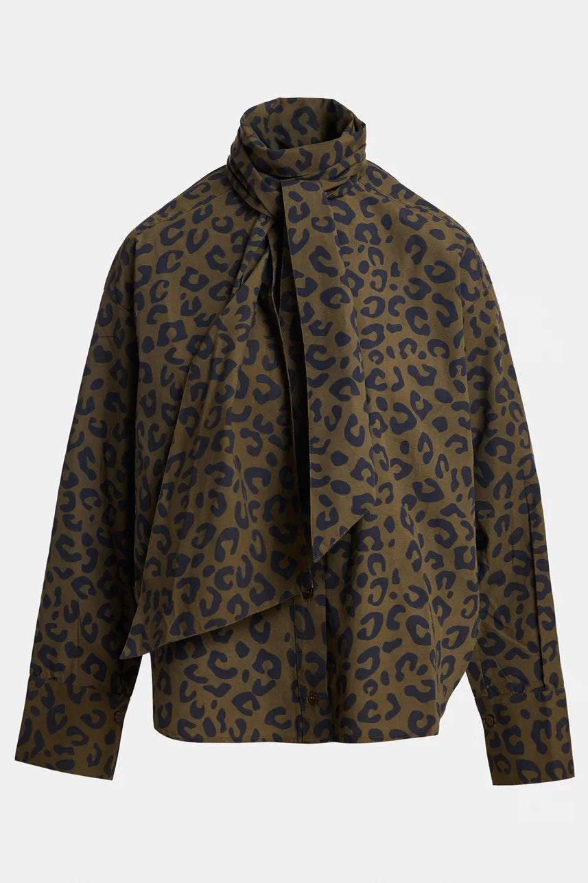Essentiel Antwerp Khalessi Leopard Pussy-Bow Shirt - Khaki