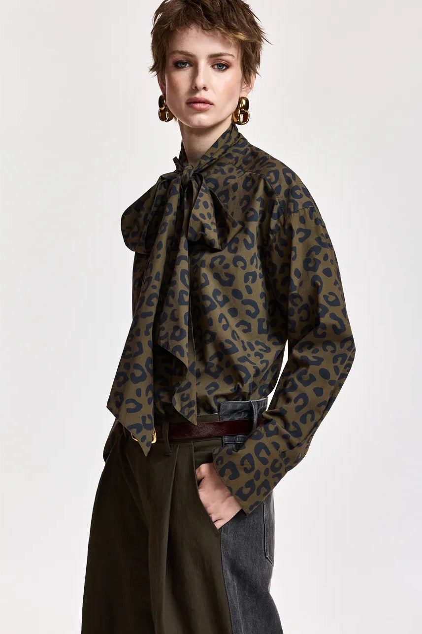 Essentiel Antwerp Khalessi Leopard Pussy-Bow Shirt - Khaki