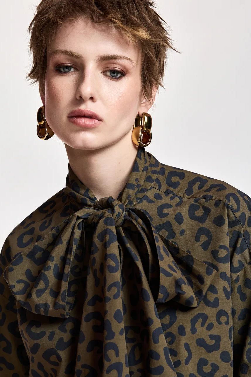 Essentiel Antwerp Khalessi Leopard Pussy-Bow Shirt - Khaki