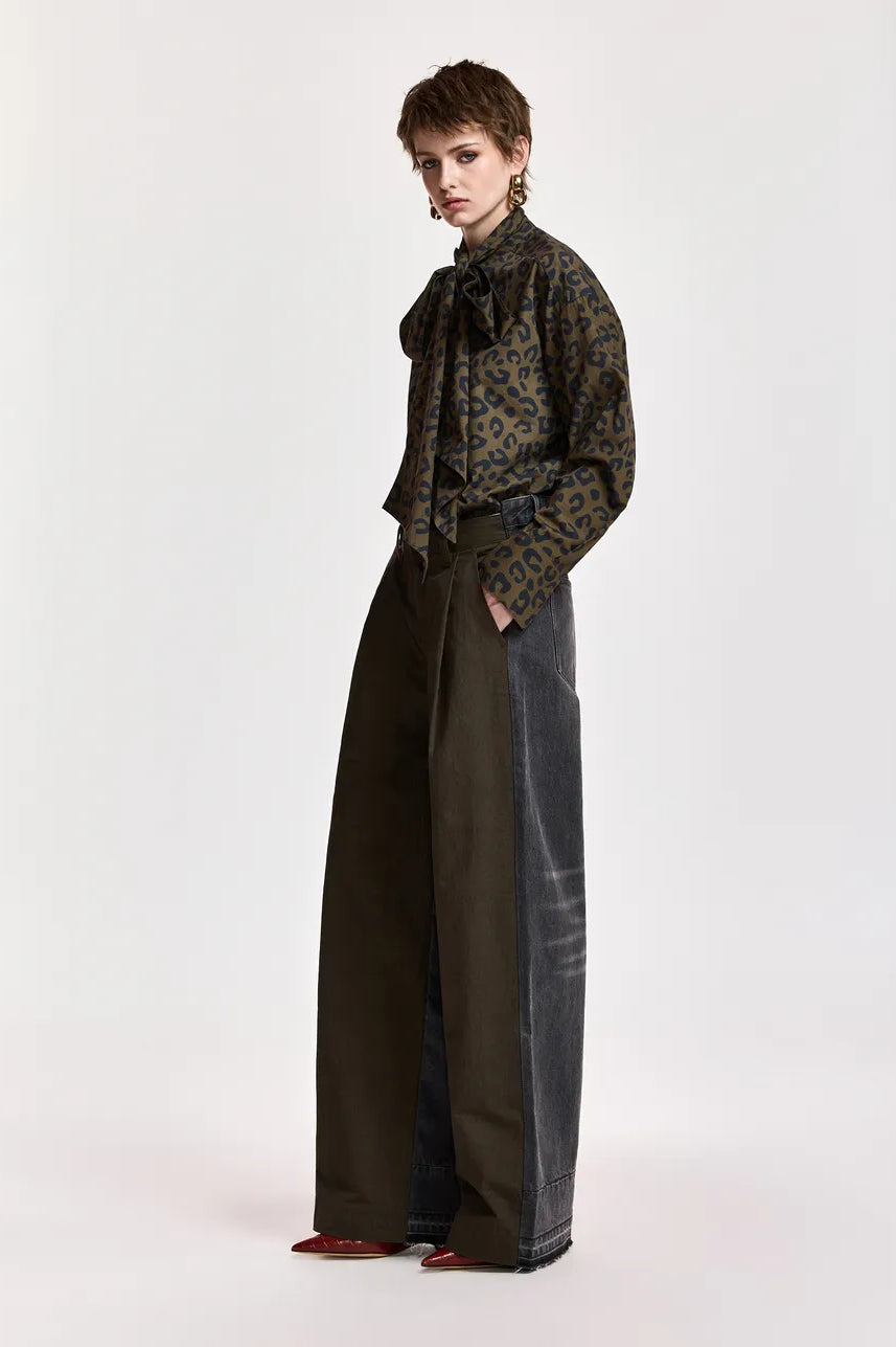 Essentiel Antwerp Khalessi Leopard Pussy-Bow Shirt - Khaki