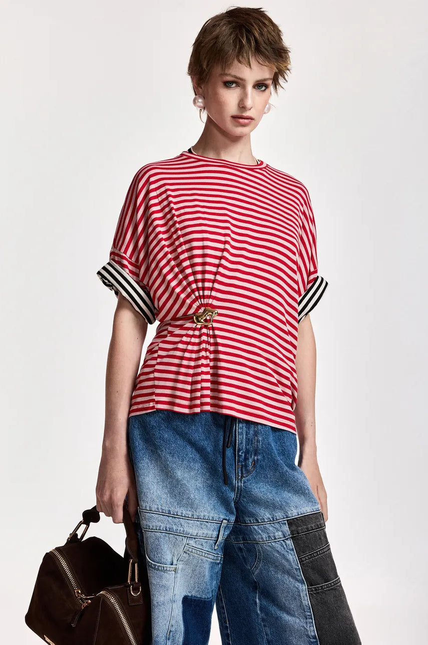 Essentiel Antwerp Kriss Striped Brooch T-Shirt