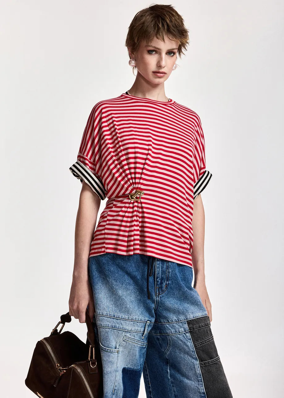 Essentiel Antwerp Kriss Striped Brooch T-Shirt