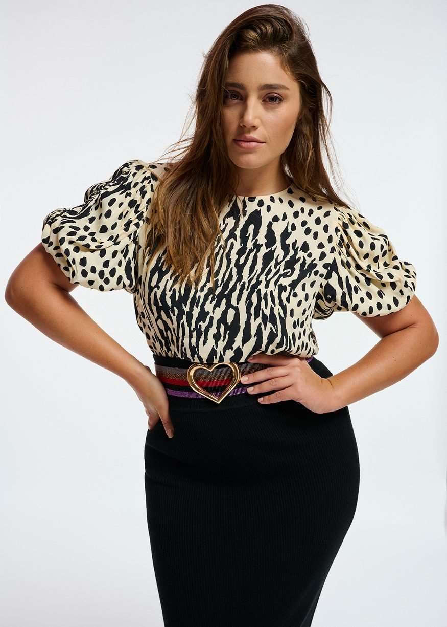 Essentiel Antwerp - Extended Puffed Sleeve Top - Ecru and Black Dotted top