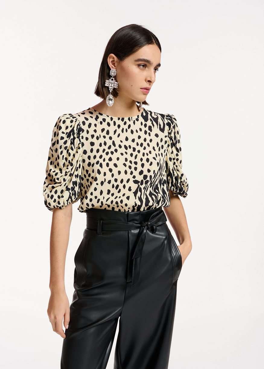 Essentiel Antwerp - Extended Puffed Sleeve Top - Ecru and Black Dotted top