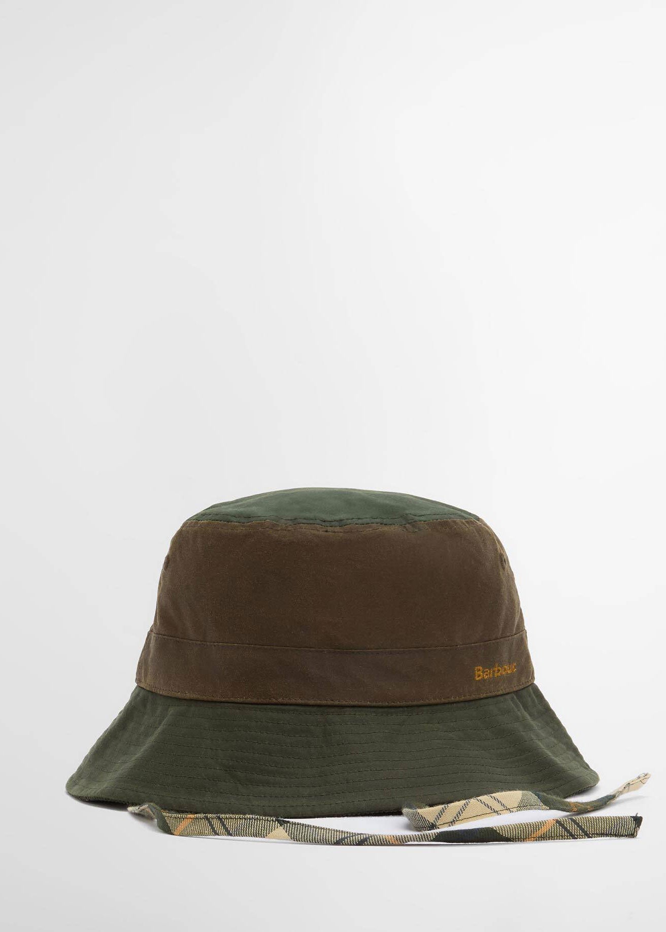 Barbour Tartan chin ties hanging loose beneath the brim, classic Barbour check