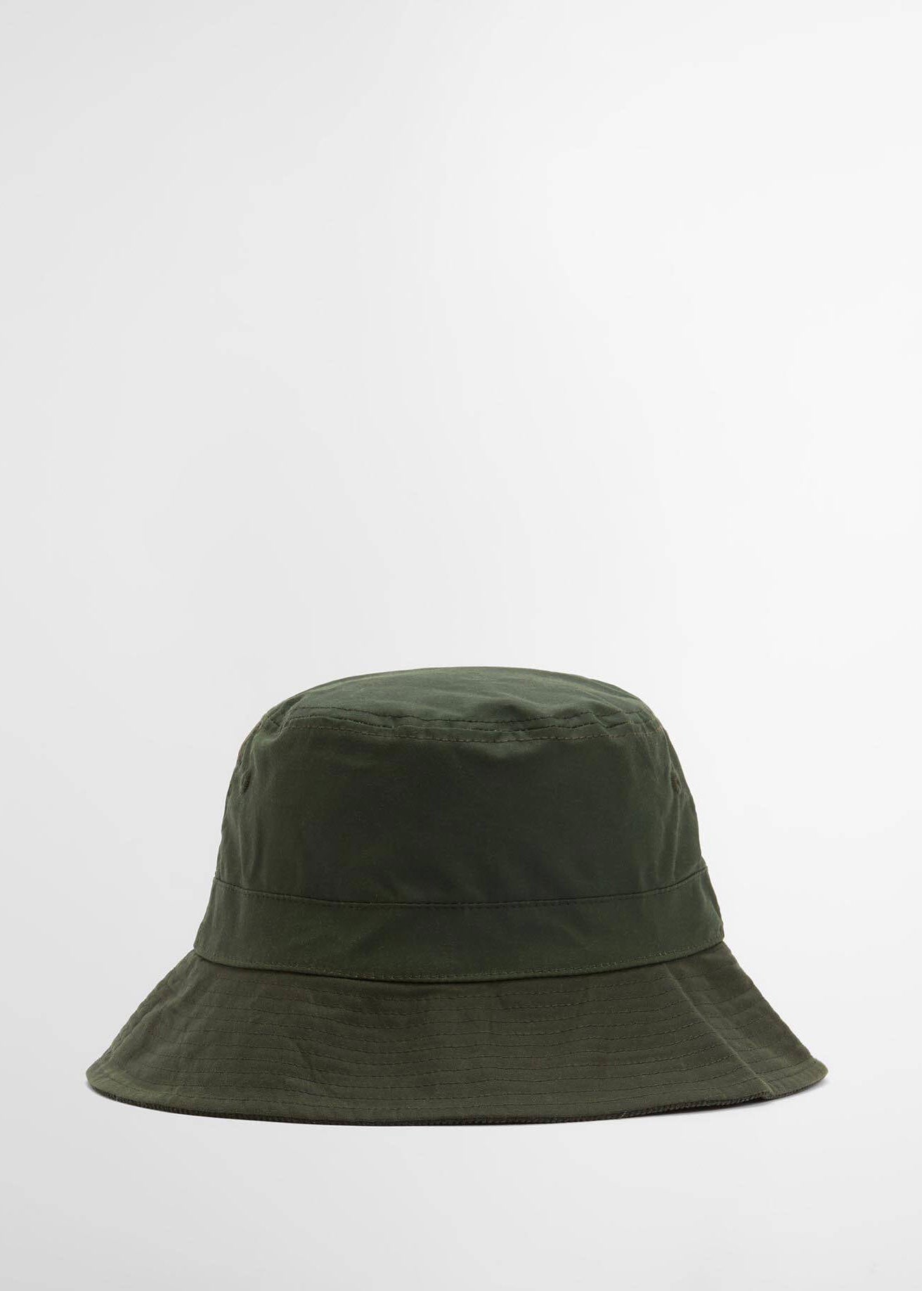 Barbour Back view in solid olive, seamed crown with rows of topstitching on the brim