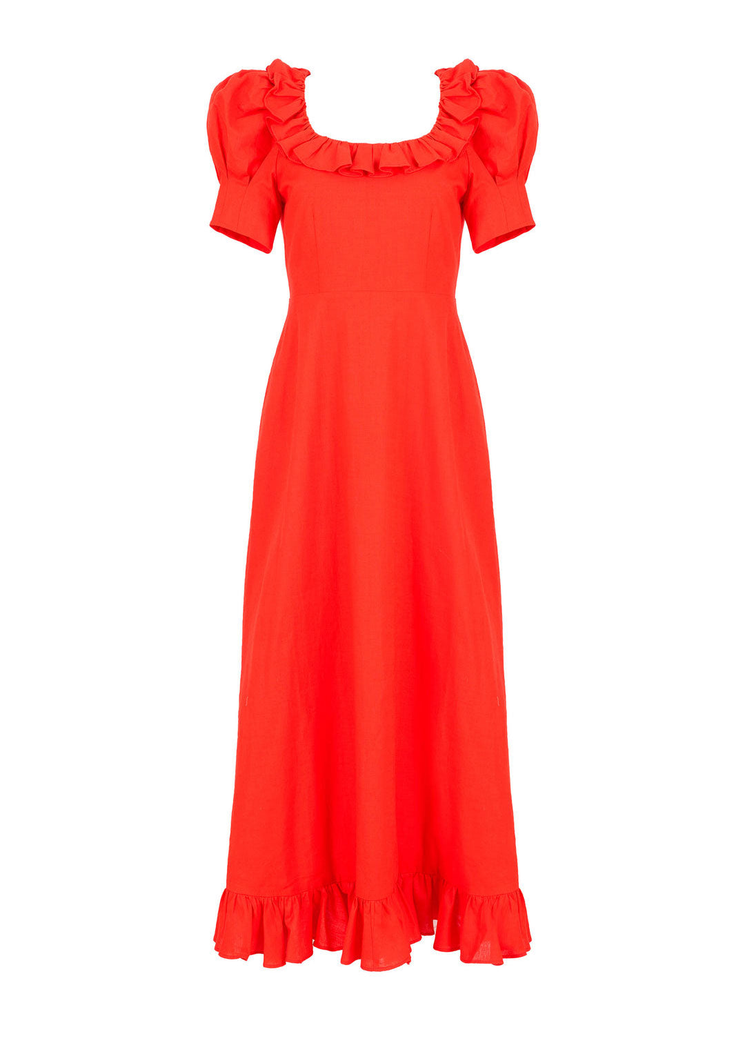 Queens of Archive Front view, ruffled neckline, puff sleeves and ruffled hem on red linen