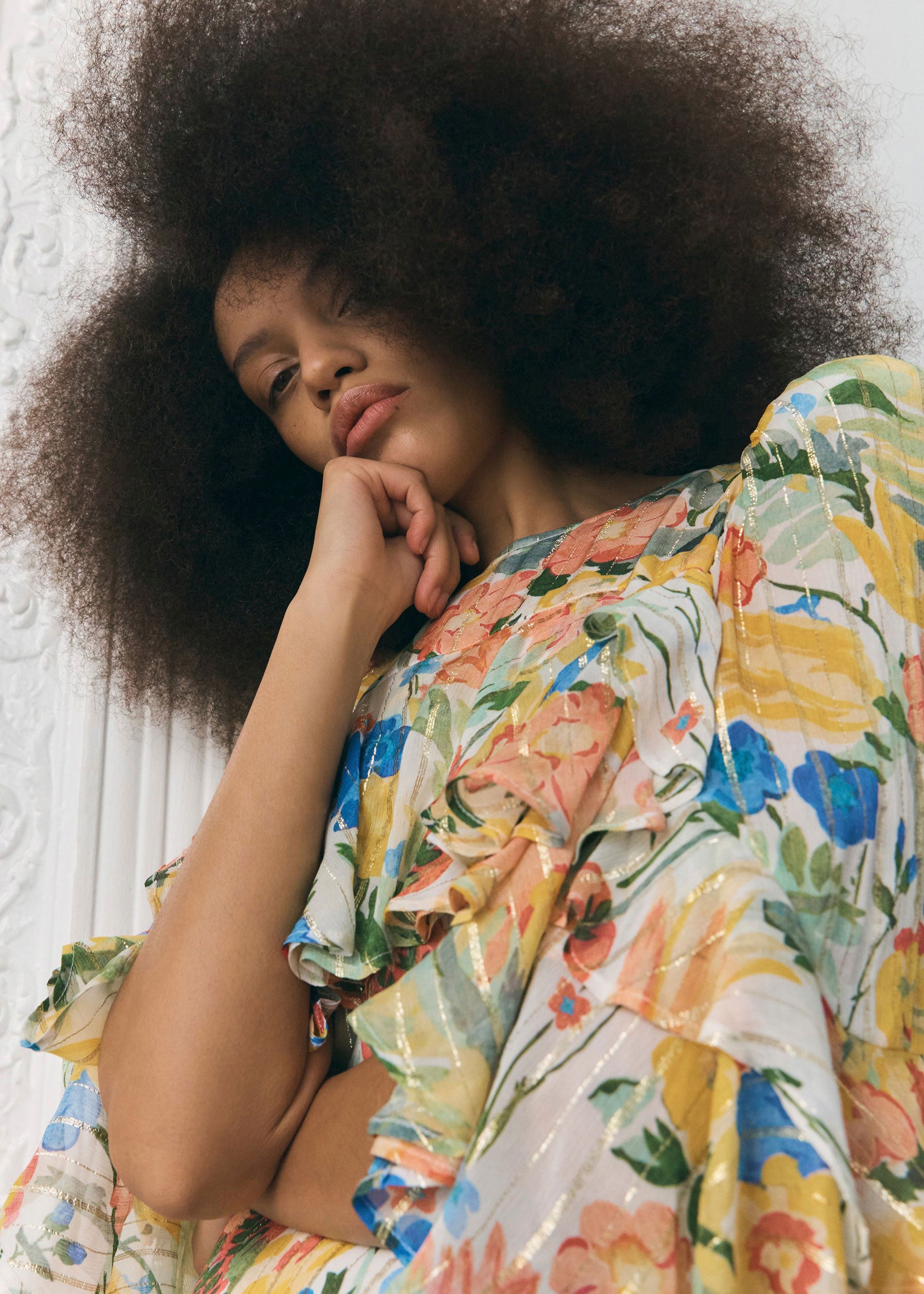 Queens of Archive Bodice and sleeve detail, gathered chiffon ruffles in soft watercolour bouquet print