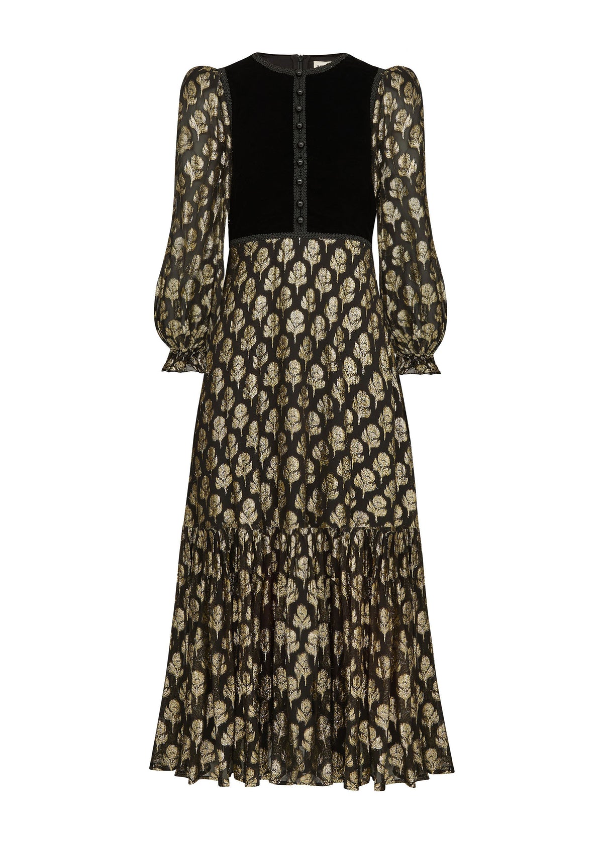 Queens of Archive Front on white, covered velvet buttons, empire seam and gathered tiered hem