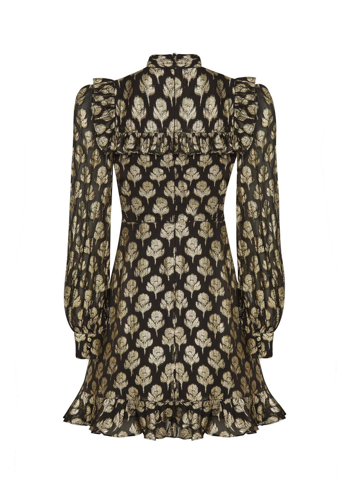 Queens of Archive Back view, centre-back zip at the high neck, ruffled yoke and frilled hem