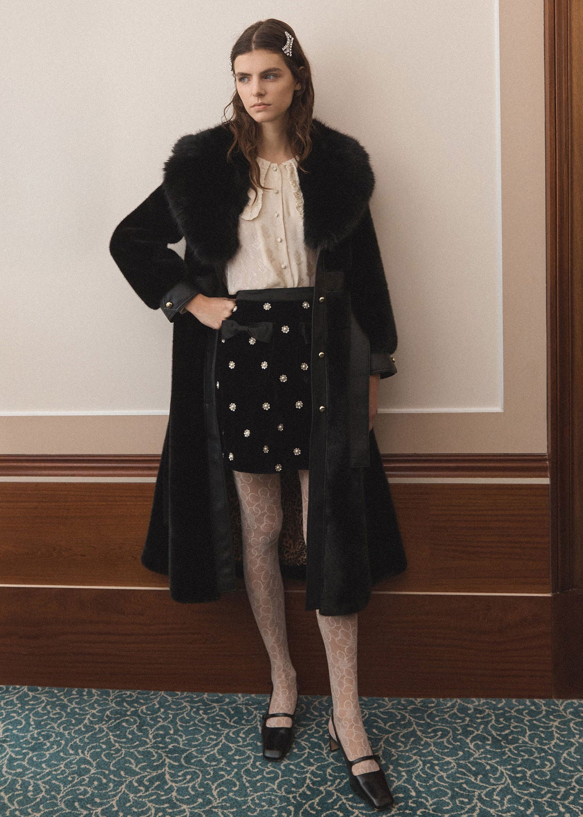 Queens of Archive Queens of Archive Rosaline mini skirt, black velvet with pearl flower beading, worn under a faux fur coat