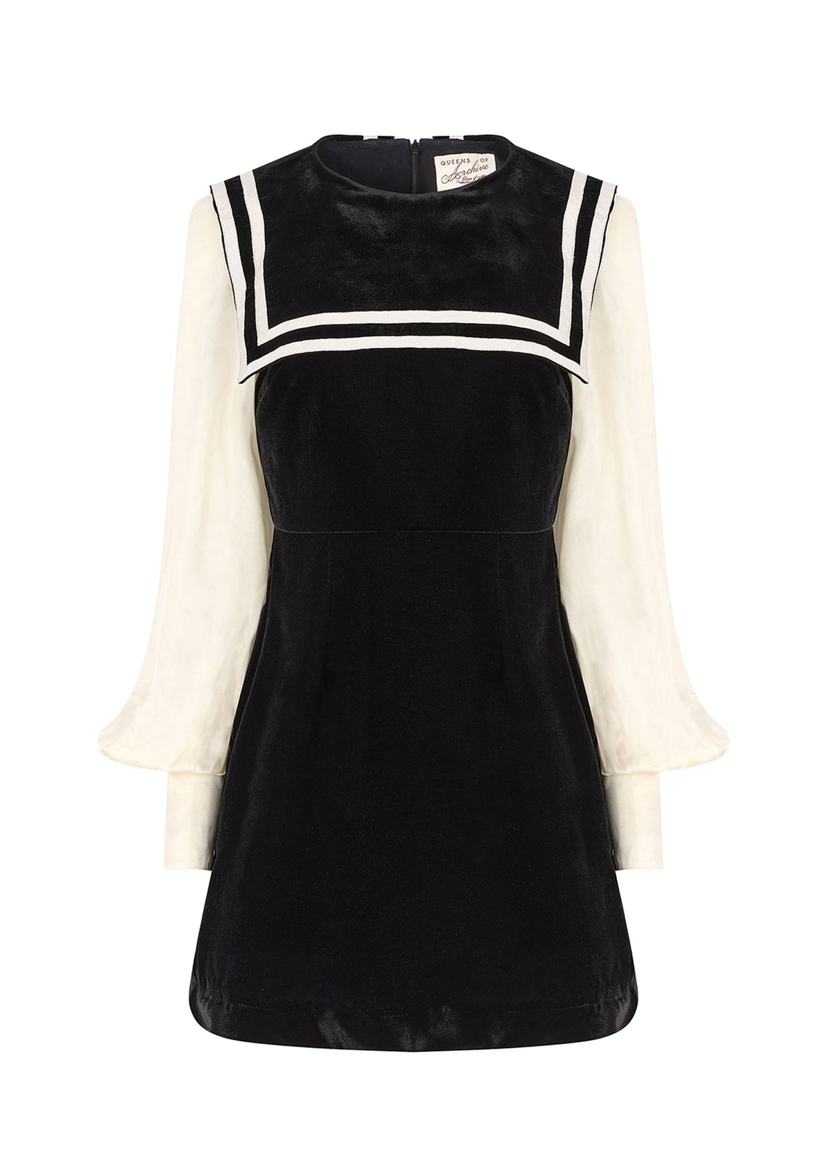 Queens of Archive Front on white, double striped sailor collar, fitted bodice and cream cuffed sleeves