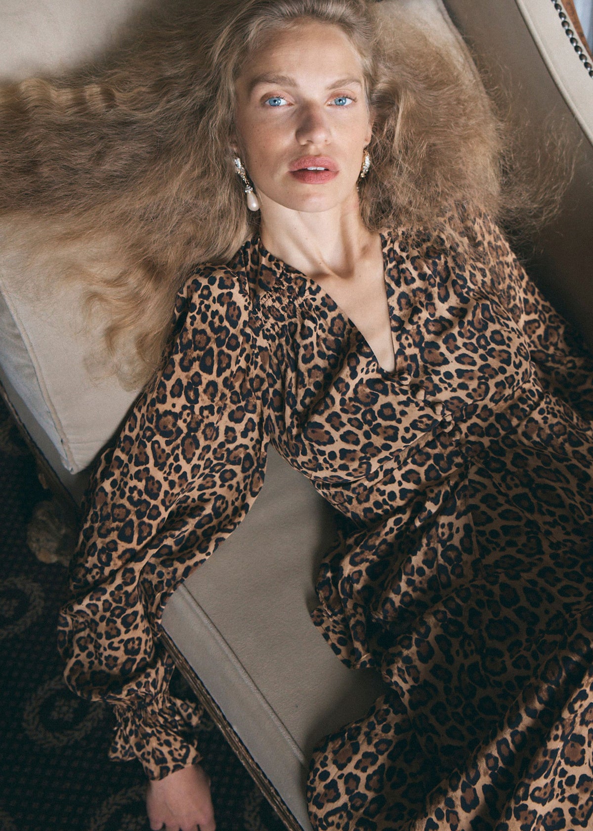 Queens of Archive Close crop of the V-neck, puffed shoulder and fluted cuff, leopard print in detail