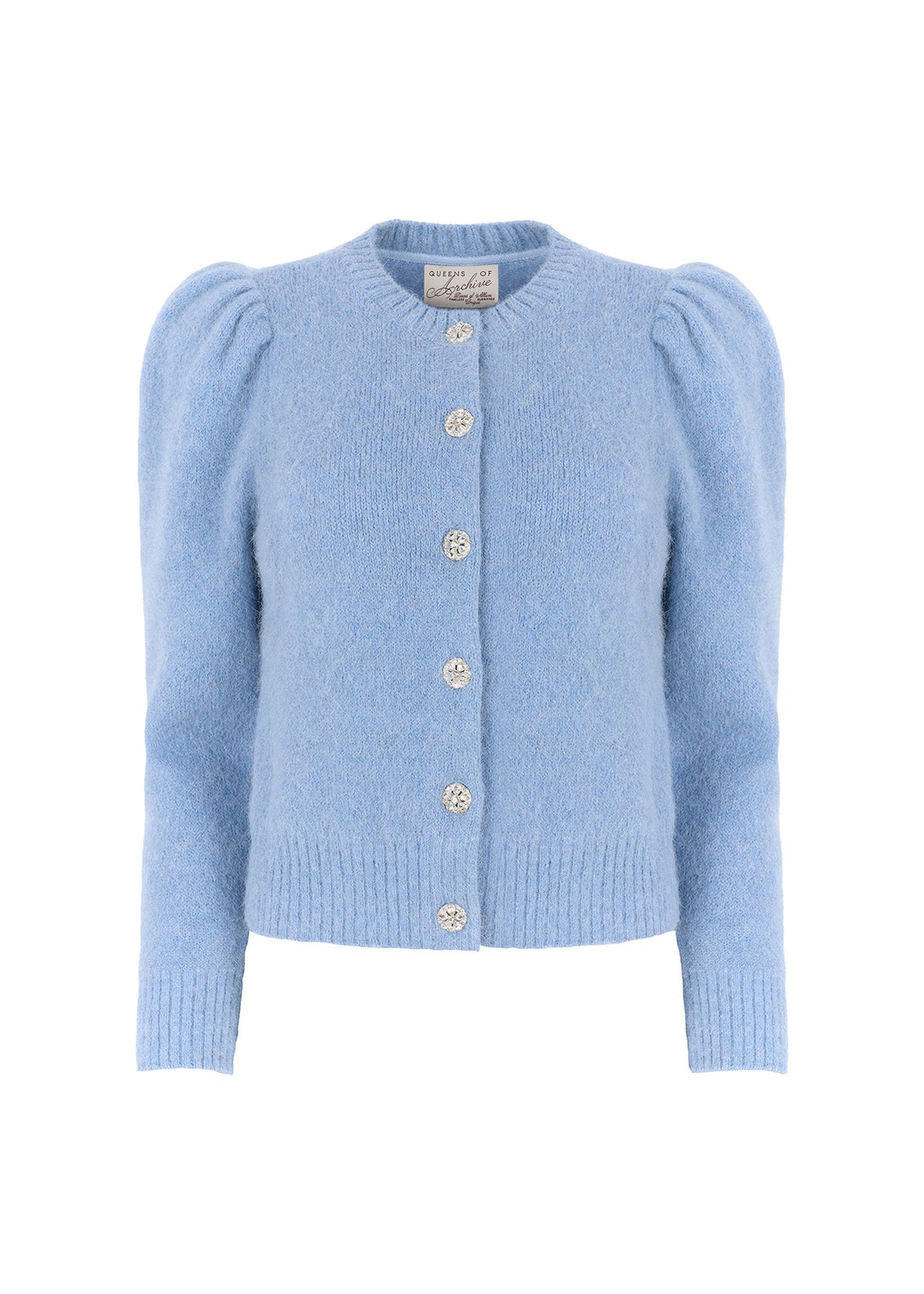 Queens of Archive Front on white, crystal buttons down the placket, ribbed crew neck and hem