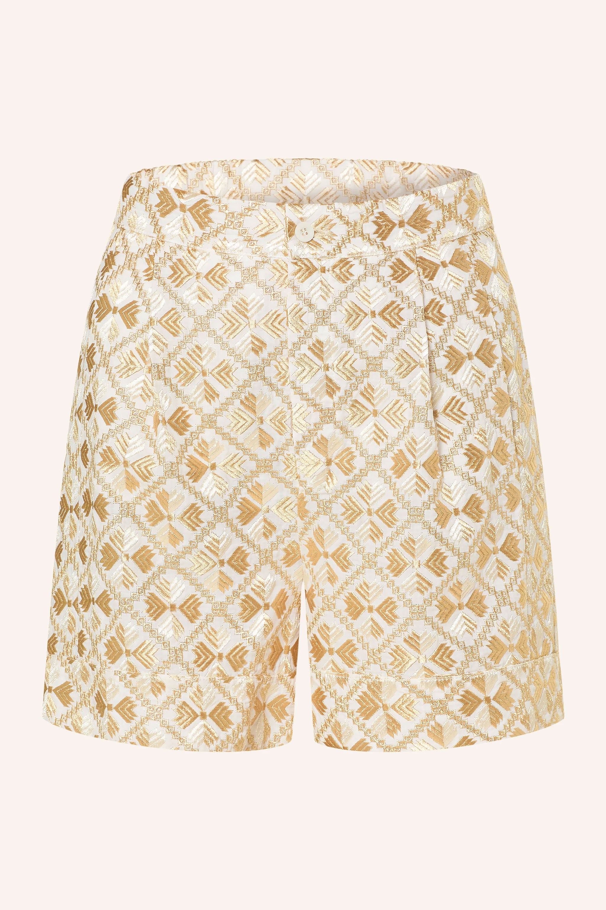 Greek Archaic Kori Flakes Embroidered Shorts - White/ Gold Champagne