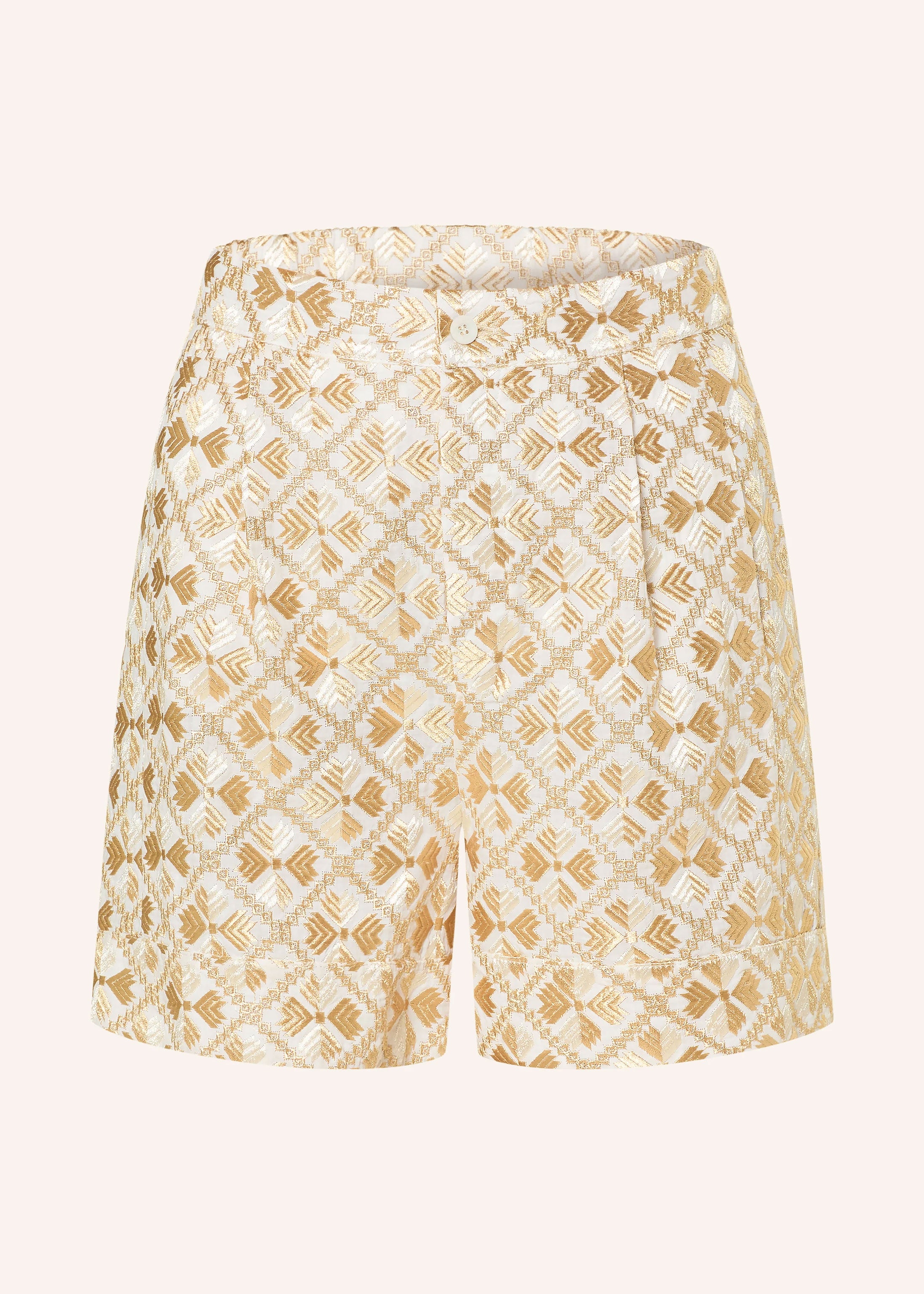 Greek Archaic Kori Flat product shot, tailored shorts with pleats and centre waistband button