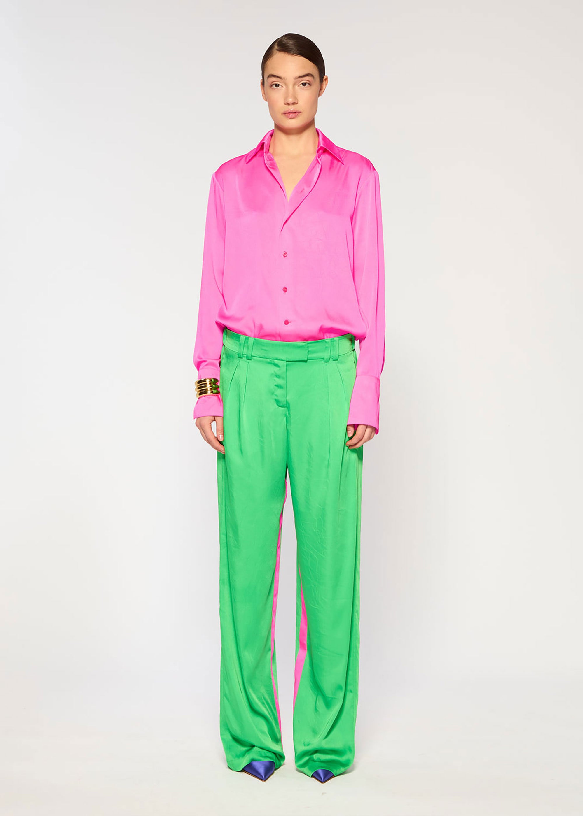 Serena Bute Crinkled Satin Boyfriend Trousers - Classic Green