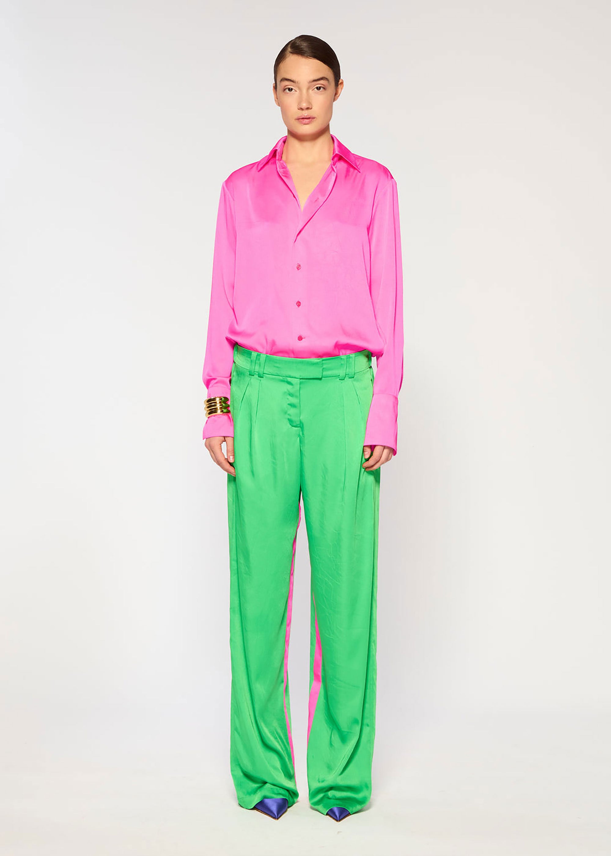 Serena Bute Crinkled Satin Boyfriend Trousers - Classic Green