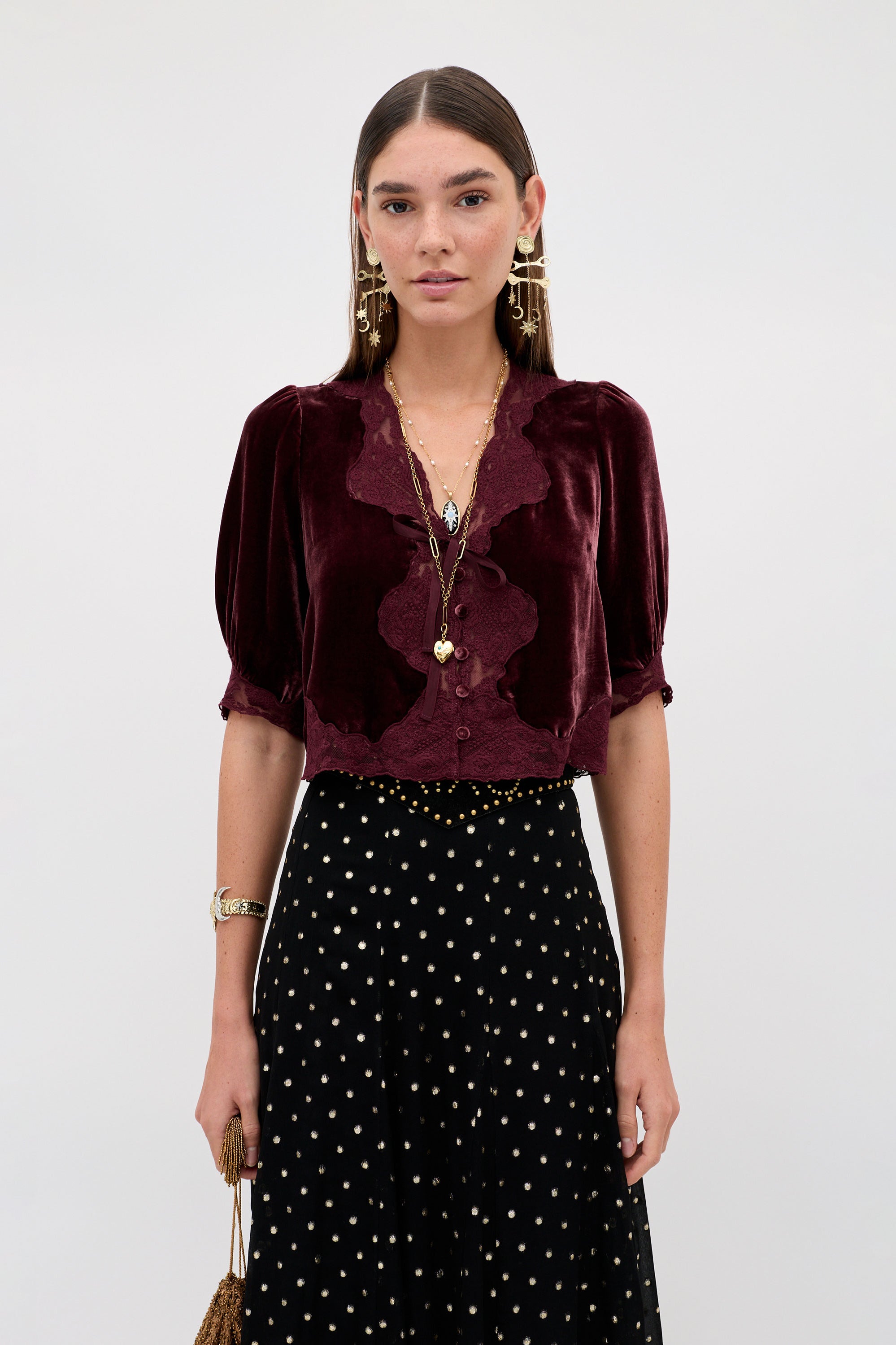 Rixo Ursula Silk-Velvet Top - Bordeaux