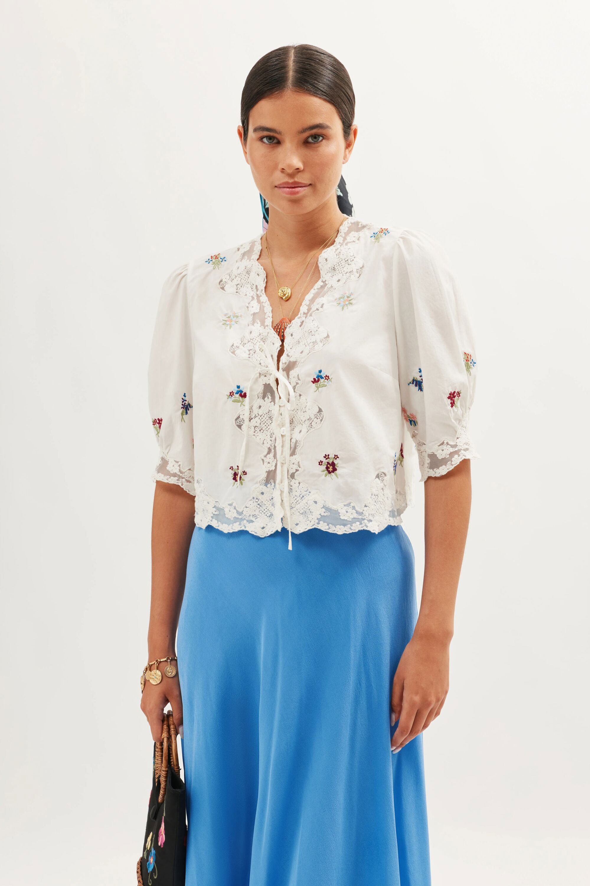 Rixo Ursula Embroidered Top - Bud Embroidery White