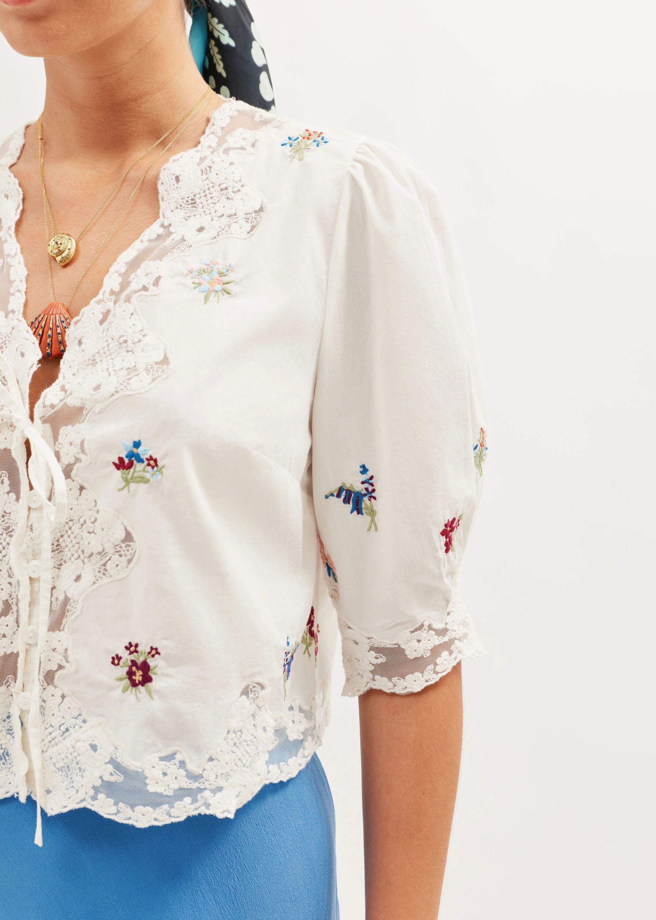Rixo Ursula Embroidered Top - Bud Embroidery White