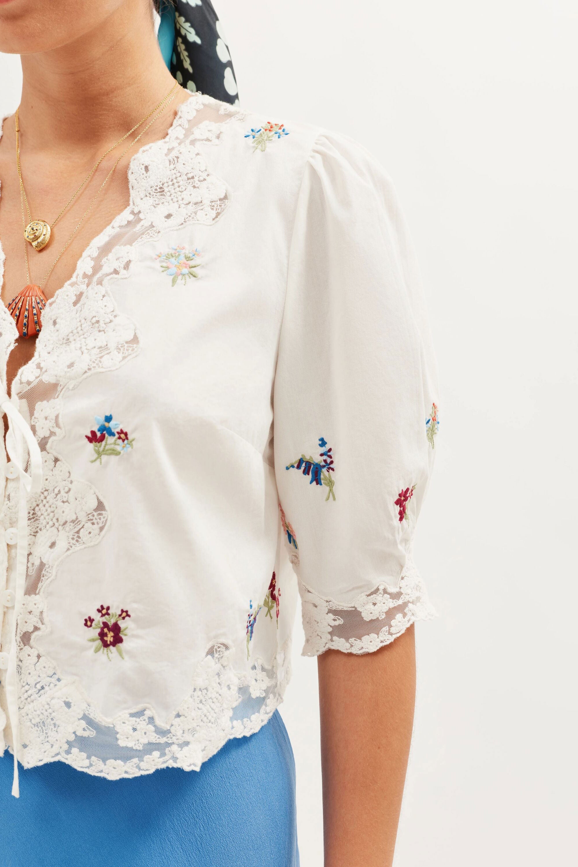 Rixo Ursula Embroidered Top - Bud Embroidery White