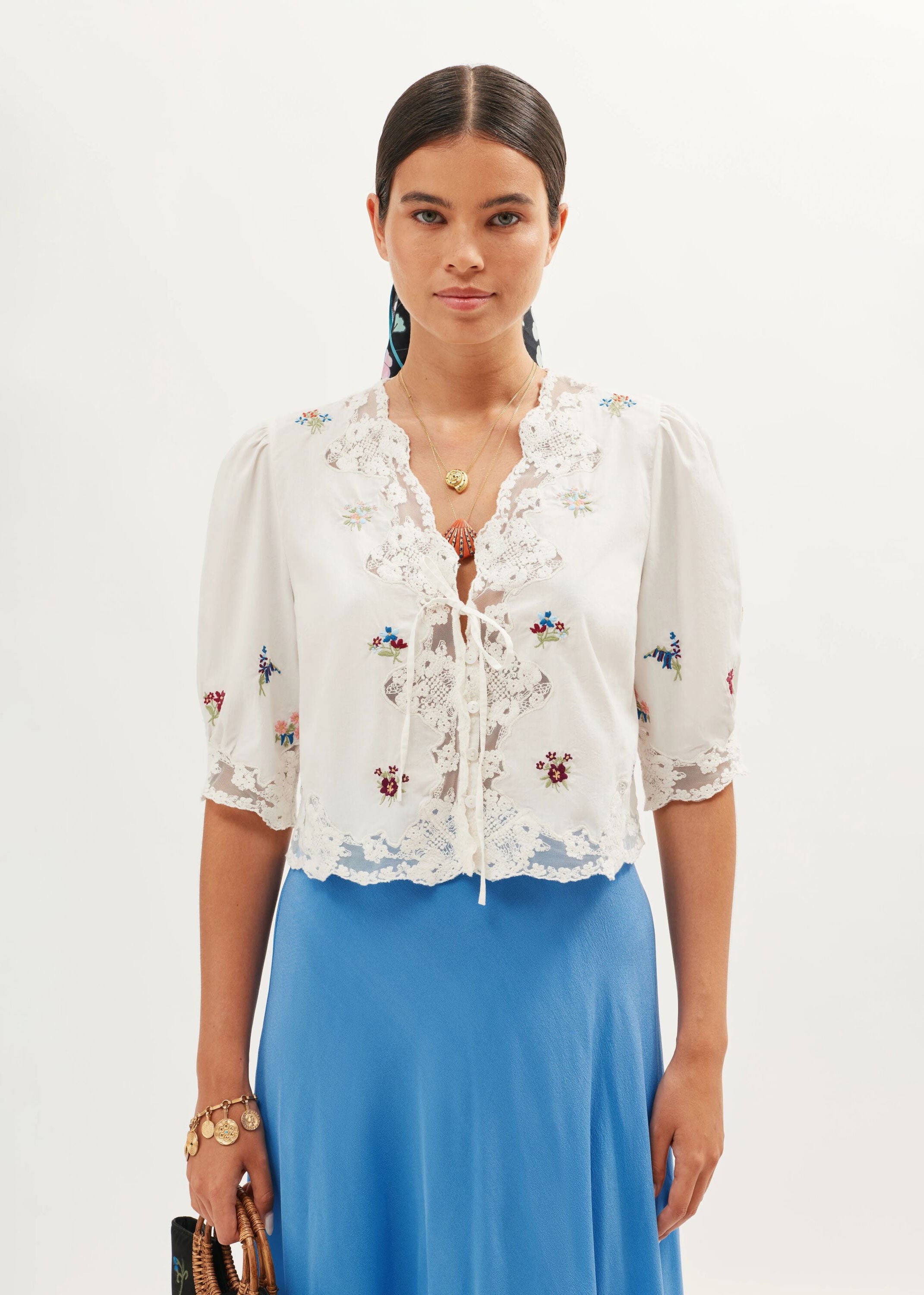 Rixo Ursula Embroidered Top - Bud Embroidery White