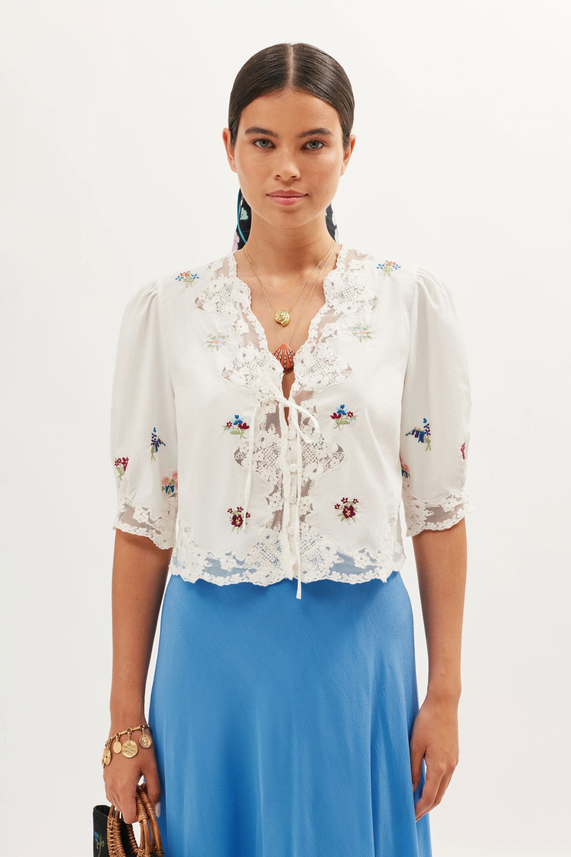 Rixo Ursula Embroidered Top - Bud Embroidery White