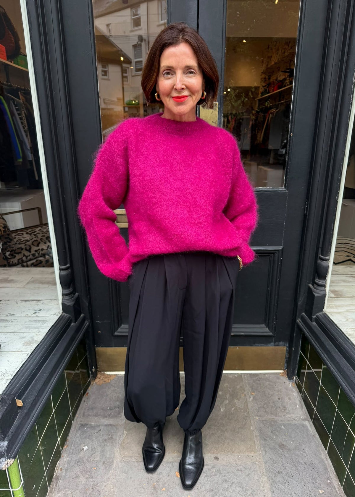 Ottod'Ame Worn in the Kiti shop doorway with a fuchsia mohair jumper and black ankle boots
