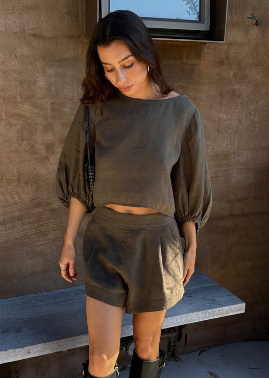 Lilly Pilly Demi Linen Top - Khaki