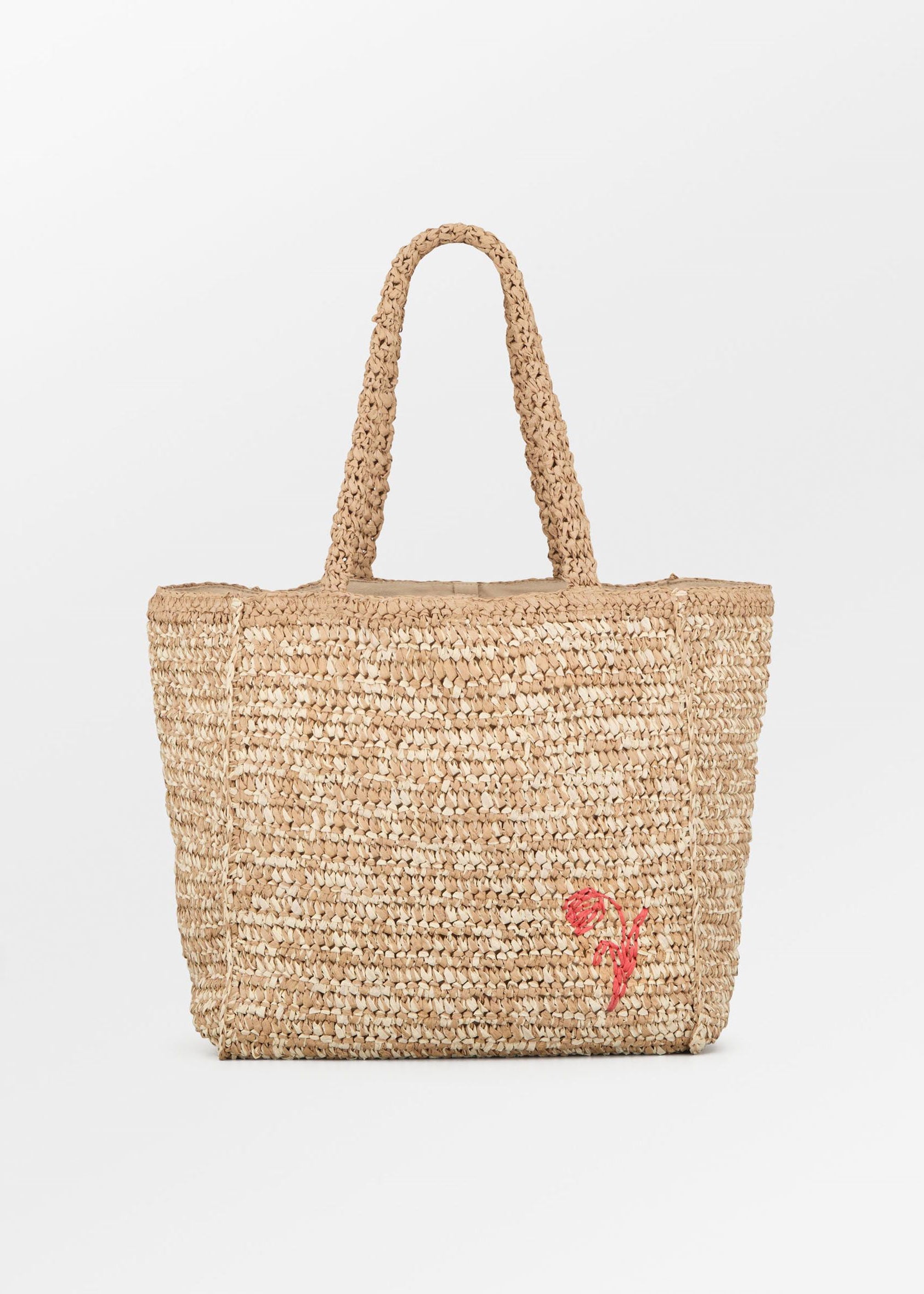 BeckSöndergaard BeckSöndergaard Tota paper straw beach tote in nature with red rose embroidery