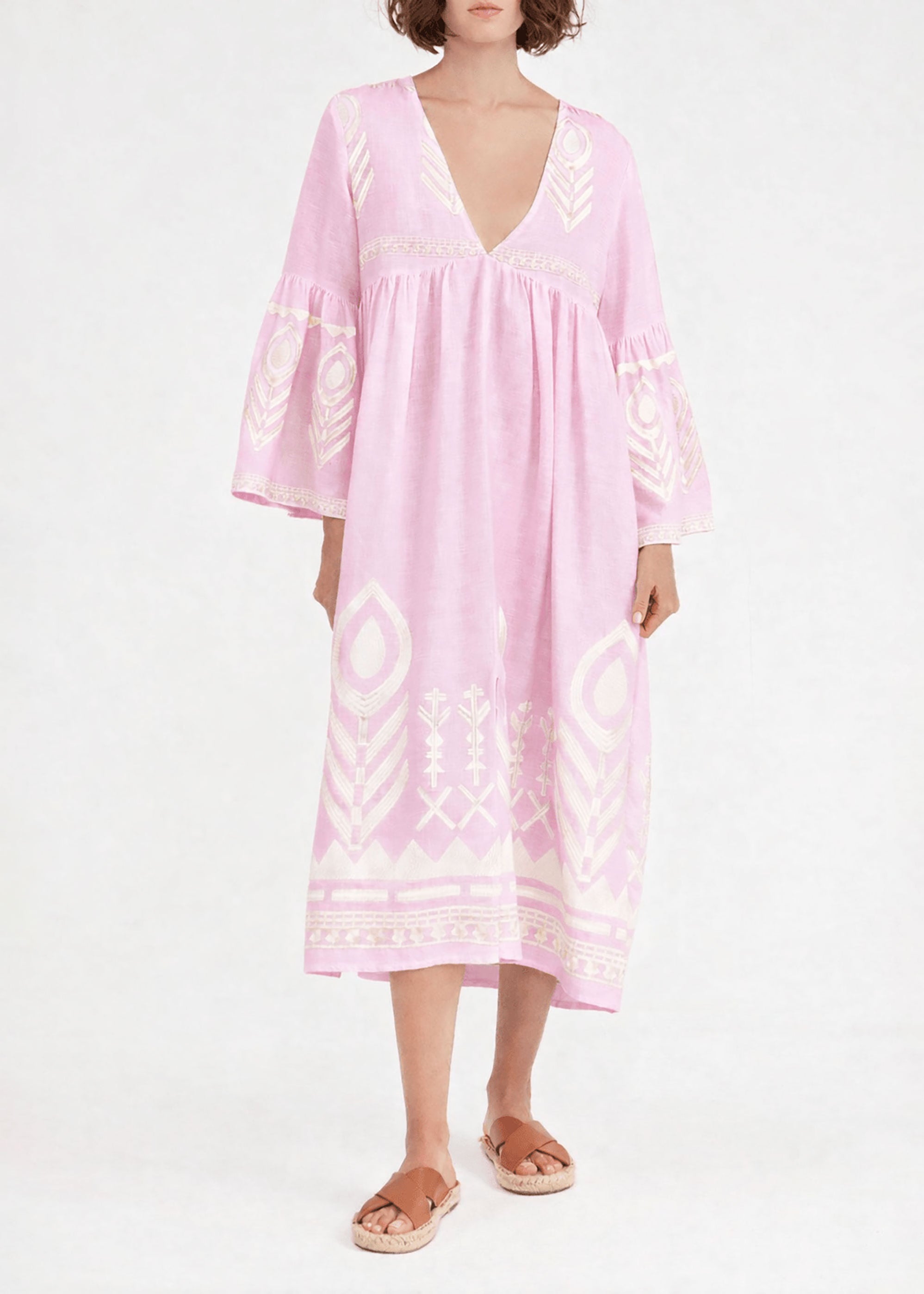 Greek Archaic Kori Feather Long Dress - Pink/ Champagne