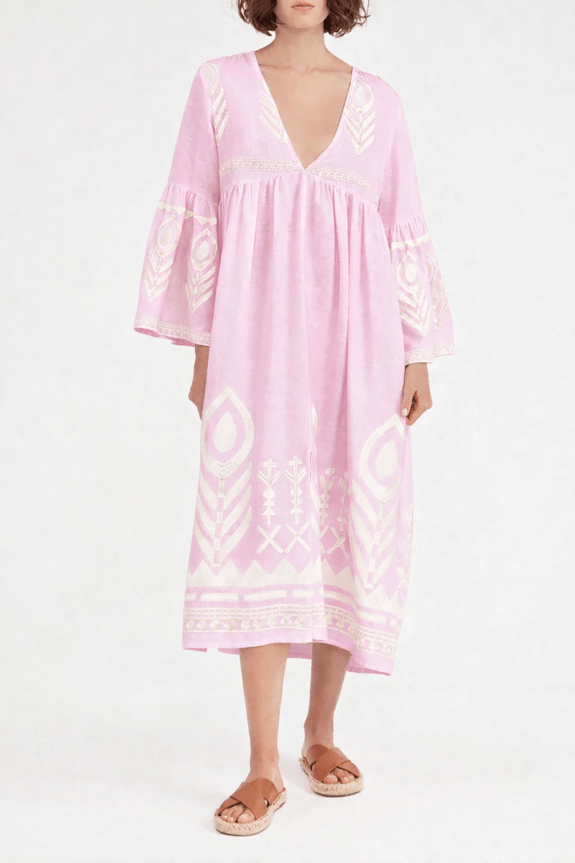 Greek Archaic Kori Feather Long Dress - Pink/ Champagne