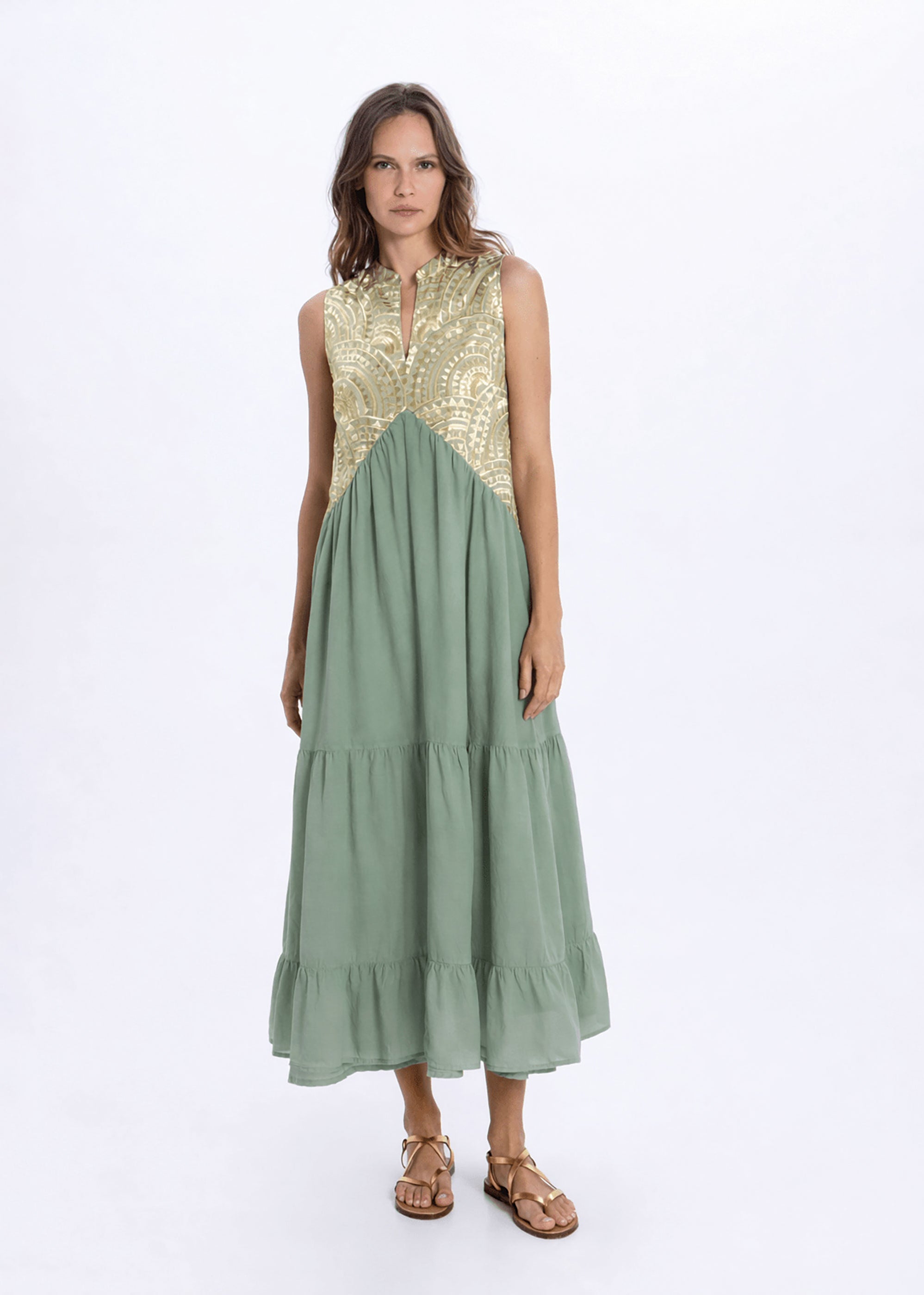 Greek Archaic Kori New Triangle Long Dress - Sage/ Gold