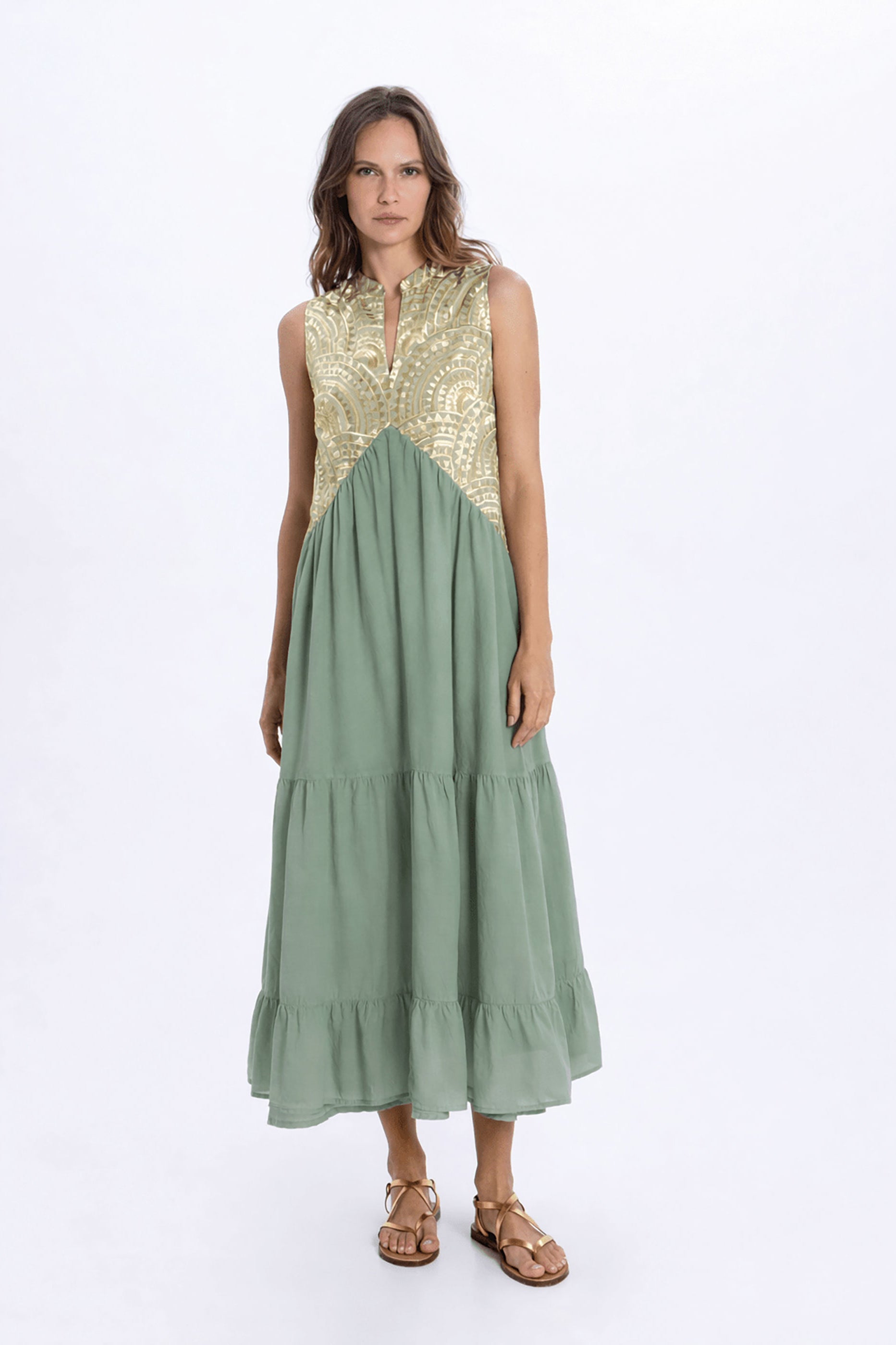 Greek Archaic Kori New Triangle Long Dress - Sage/ Gold